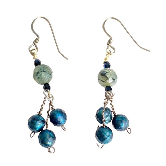 Vintage Rutilated Quartz Earrings Iridescent Peacock Blue Green Beaded Handmade - Picture 1 of 8